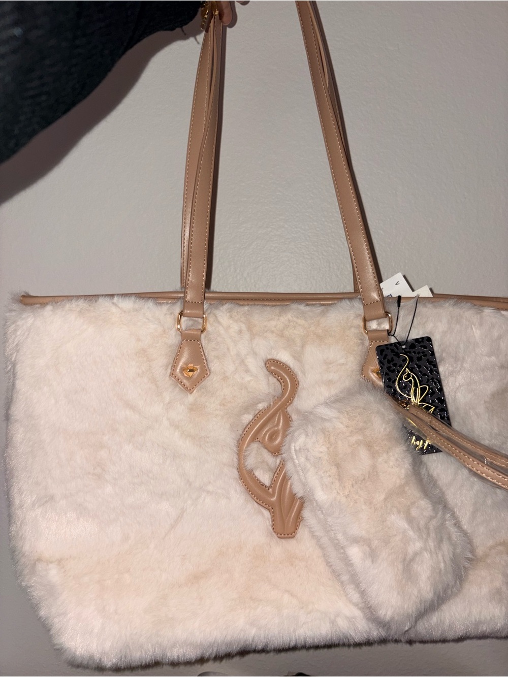 Baby Phat Cream Faux Fur Tote with Tan Trim